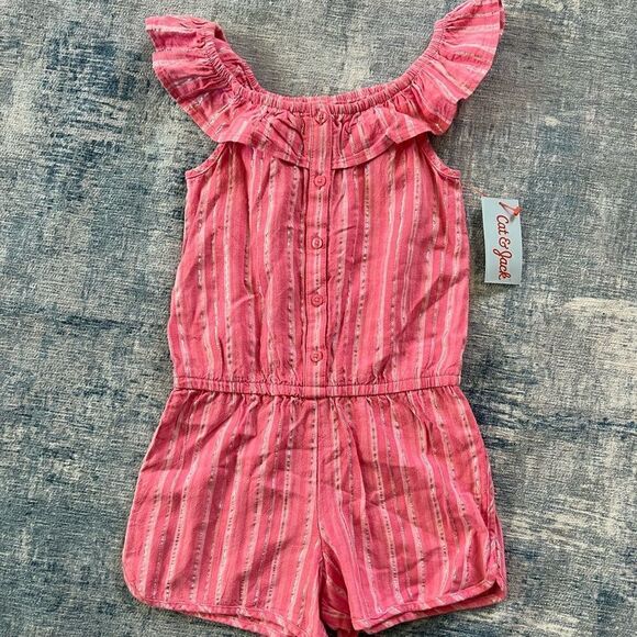 NWT! Cat & Jack Pink Silver Striped Ruffle Sleeve Romper 5T - Picture 1 of 7